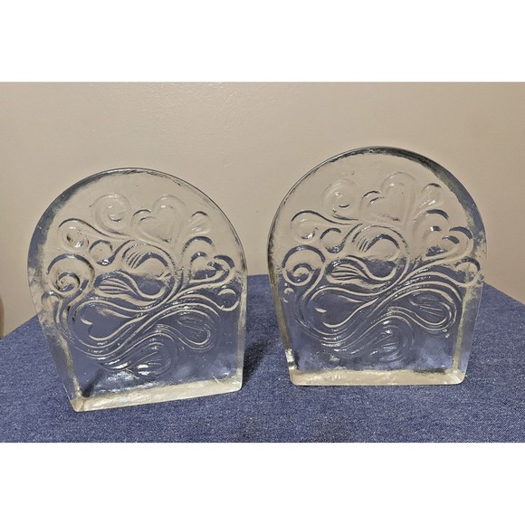 Vintage Blenko Clear Glass Swirling Hearts Bookends by Wayne Husted 699B - Picture 1 of 6